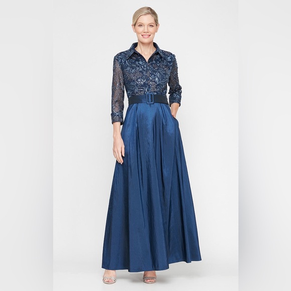 Long A-Line Stretch Tulle Dress with Embroidered Bodice, Illusion Sleeves $289 - Picture 1 of 2